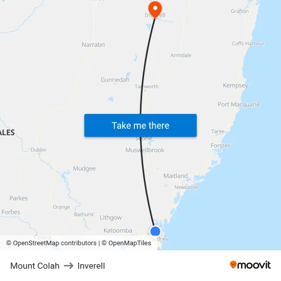 Mount Colah to Inverell map