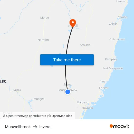 Muswellbrook to Inverell map