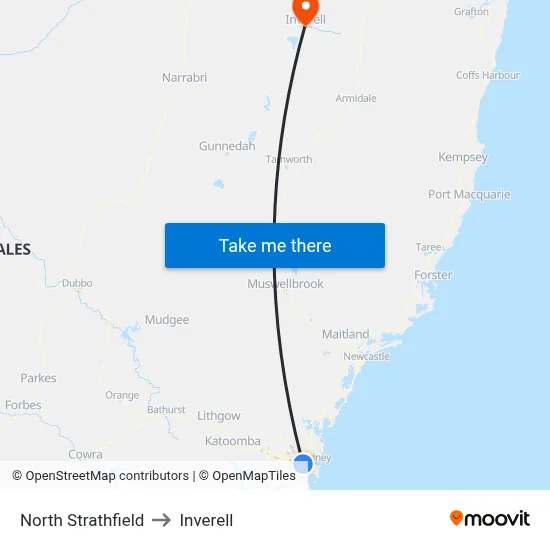 North Strathfield to Inverell map