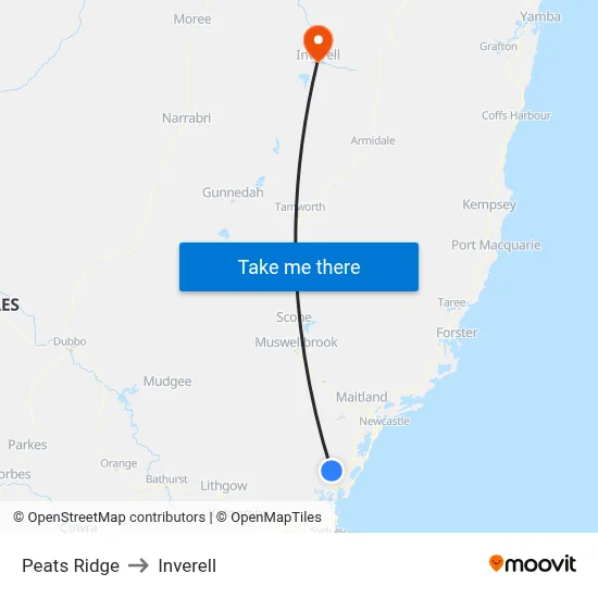 Peats Ridge to Inverell map