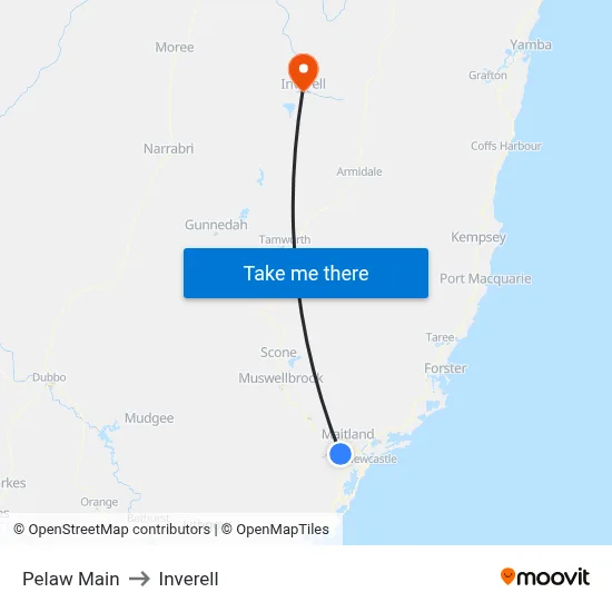 Pelaw Main to Inverell map