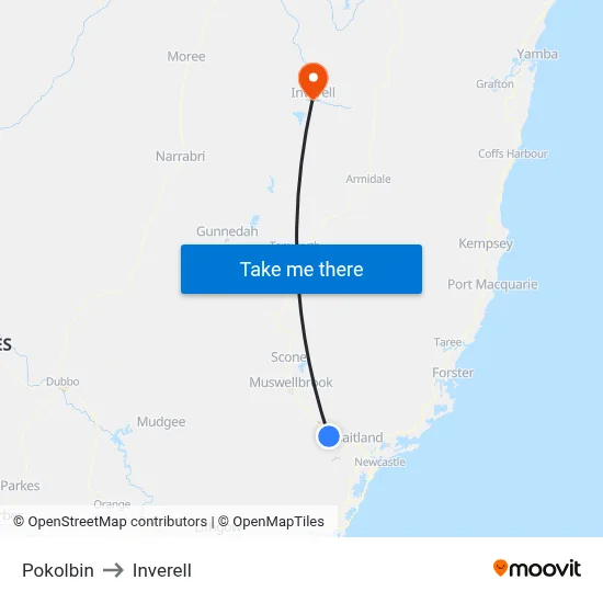 Pokolbin to Inverell map