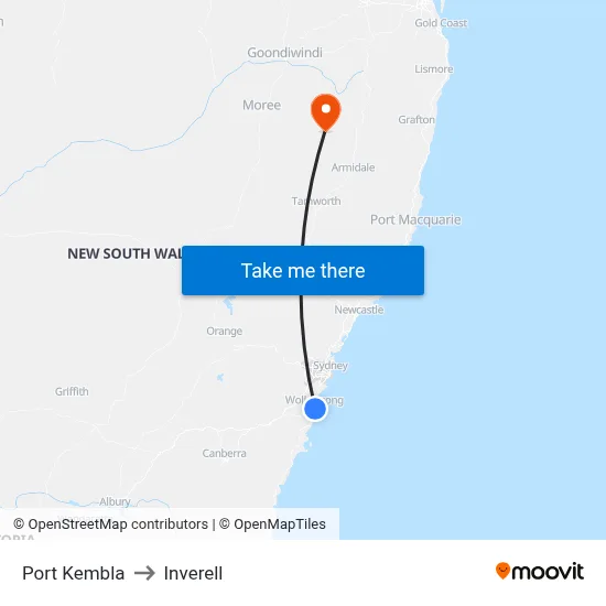 Port Kembla to Inverell map