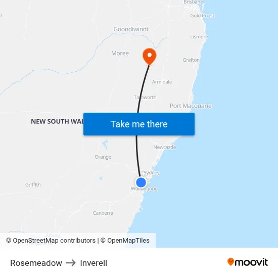 Rosemeadow to Inverell map