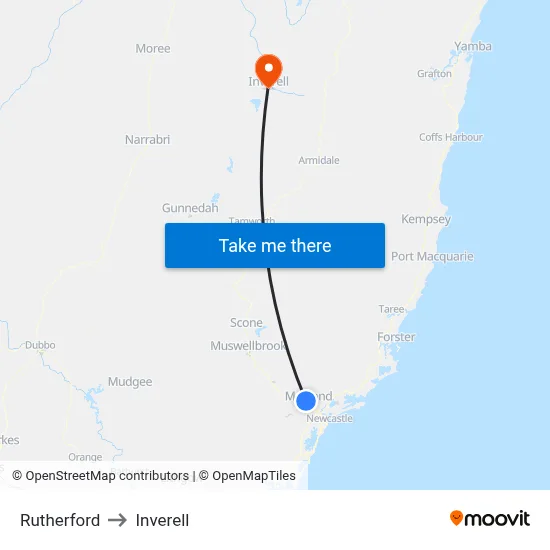 Rutherford to Inverell map