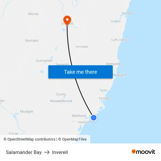 Salamander Bay to Inverell map