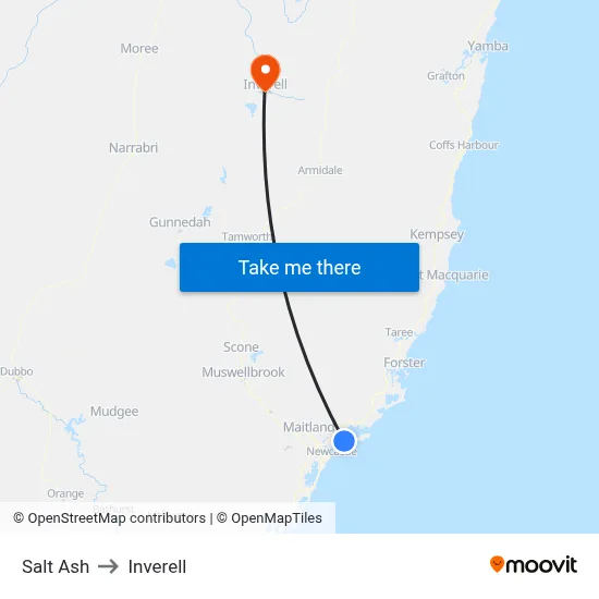 Salt Ash to Inverell map