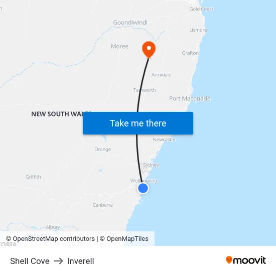 Shell Cove to Inverell map