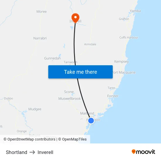 Shortland to Inverell map