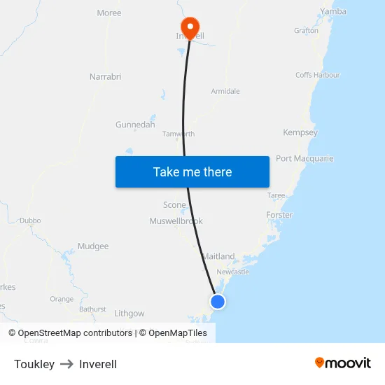 Toukley to Inverell map