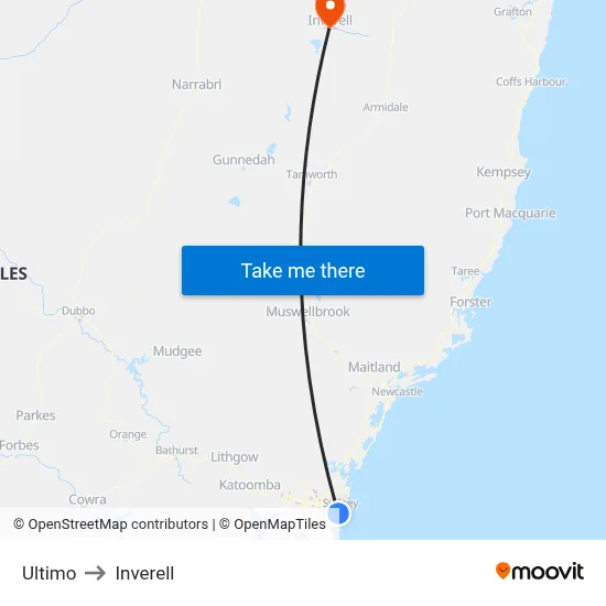 Ultimo to Inverell map