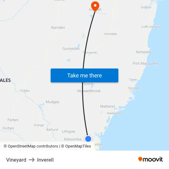 Vineyard to Inverell map