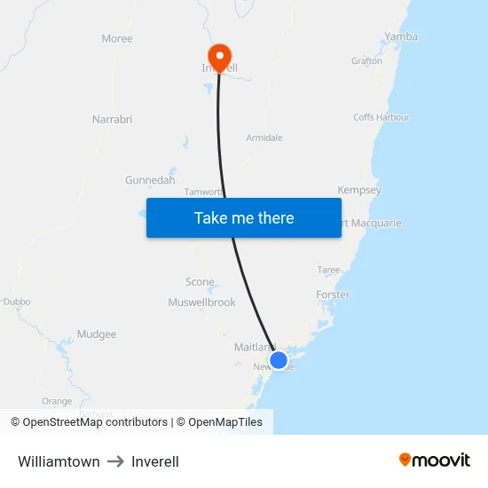 Williamtown to Inverell map