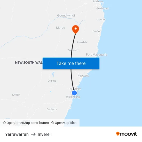 Yarrawarrah to Inverell map