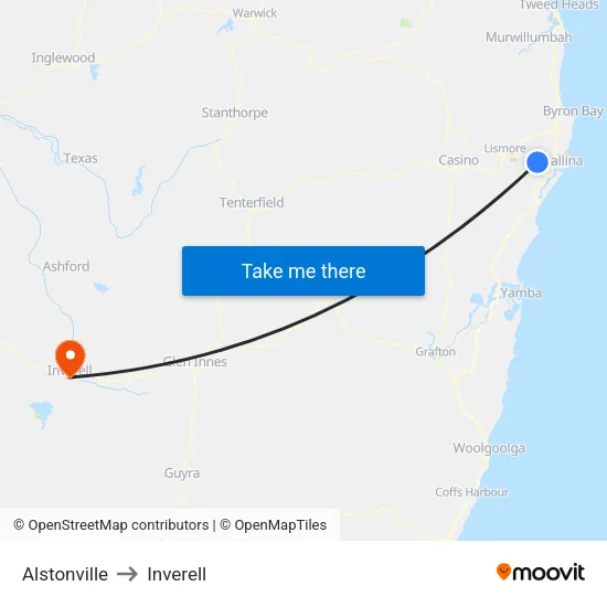 Alstonville to Inverell map