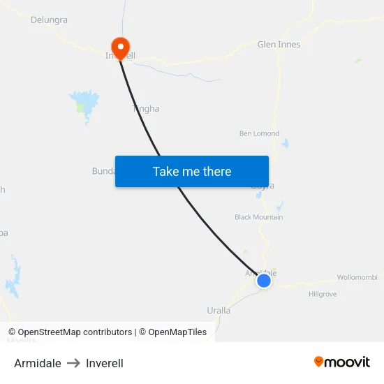 Armidale to Inverell map