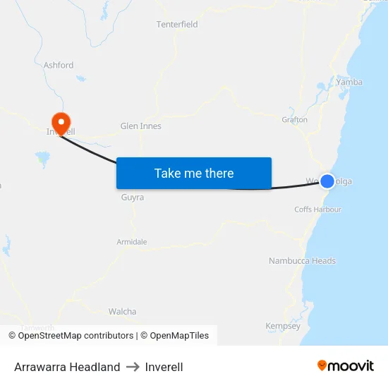 Arrawarra Headland to Inverell map