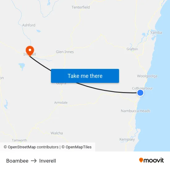 Boambee to Inverell map