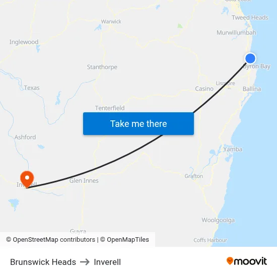 Brunswick Heads to Inverell map