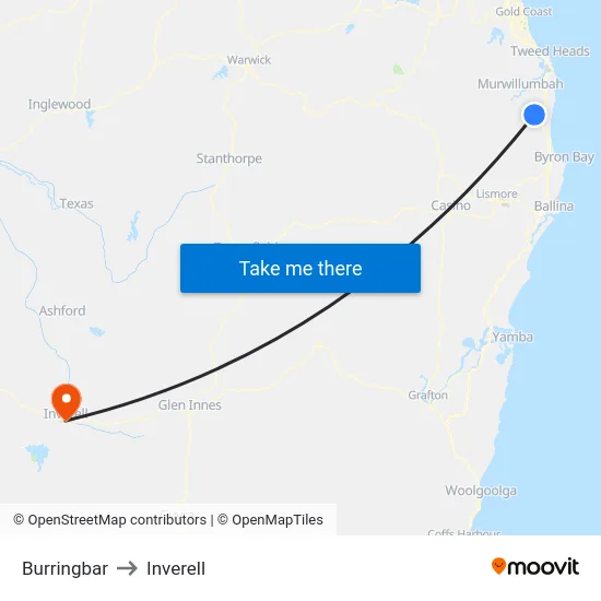 Burringbar to Inverell map