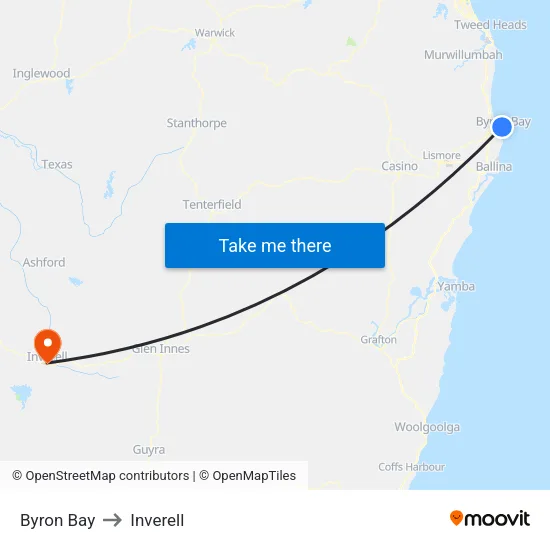 Byron Bay to Inverell map