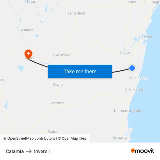 Calamia to Inverell map