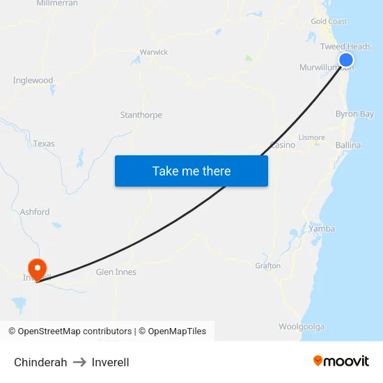 Chinderah to Inverell map