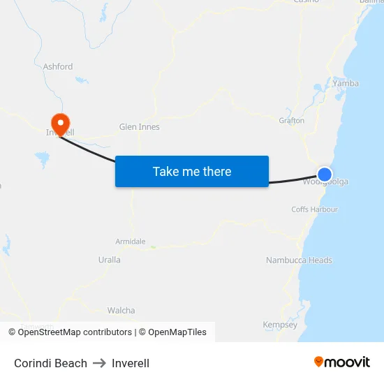 Corindi Beach to Inverell map