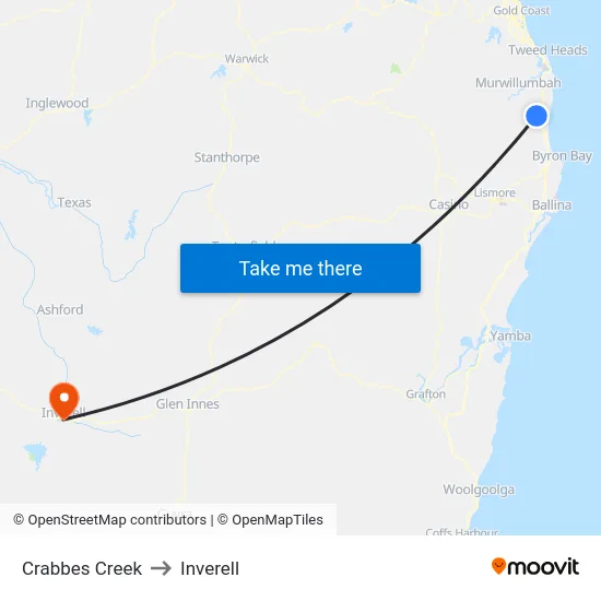 Crabbes Creek to Inverell map