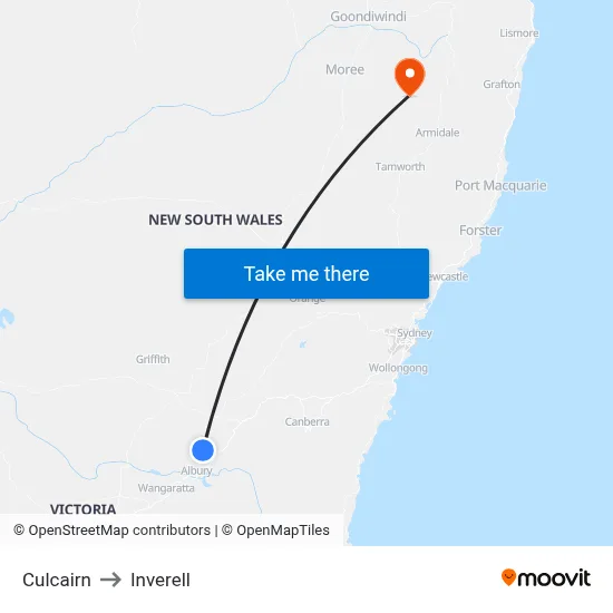 Culcairn to Inverell map