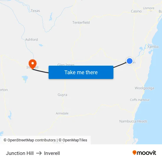 Junction Hill to Inverell map