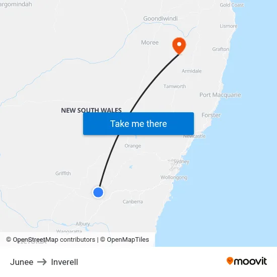Junee to Inverell map