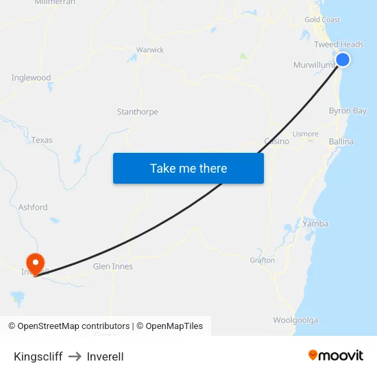 Kingscliff to Inverell map