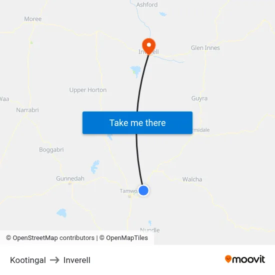 Kootingal to Inverell map