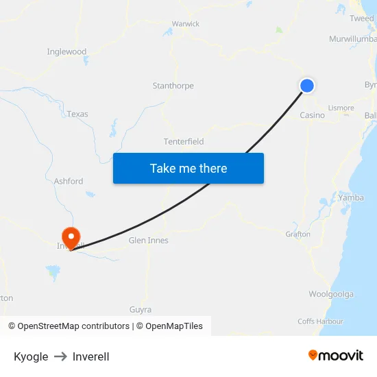 Kyogle to Inverell map