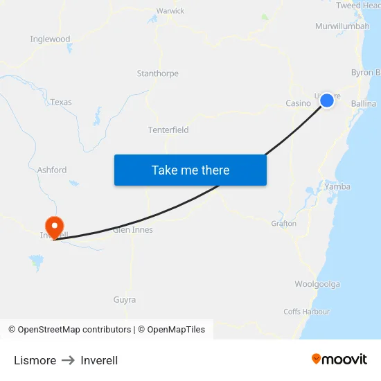 Lismore to Inverell map