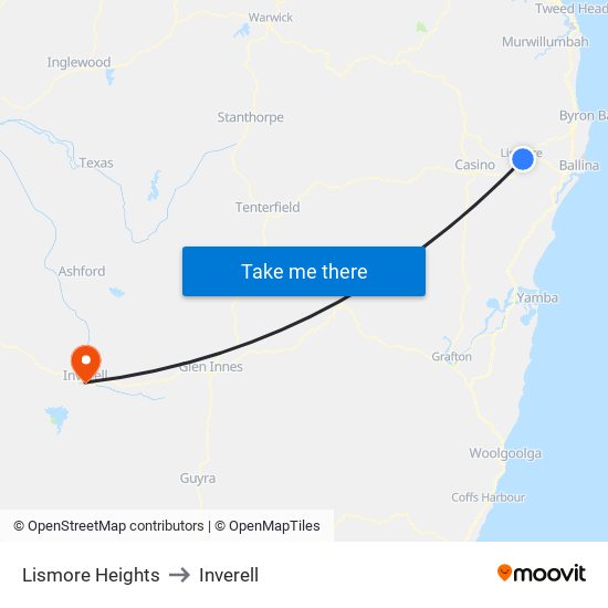 Lismore Heights to Inverell map