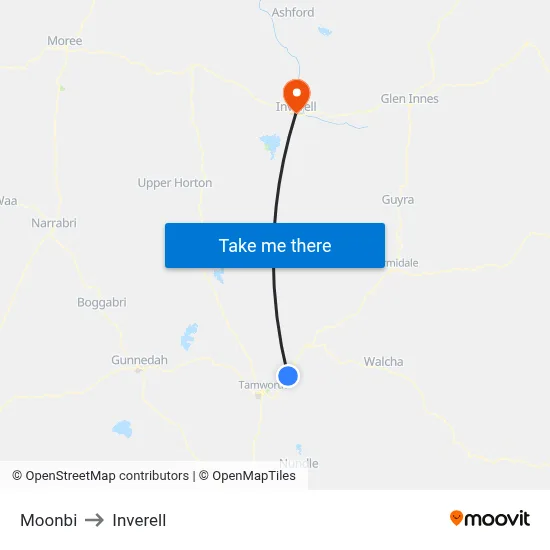 Moonbi to Inverell map