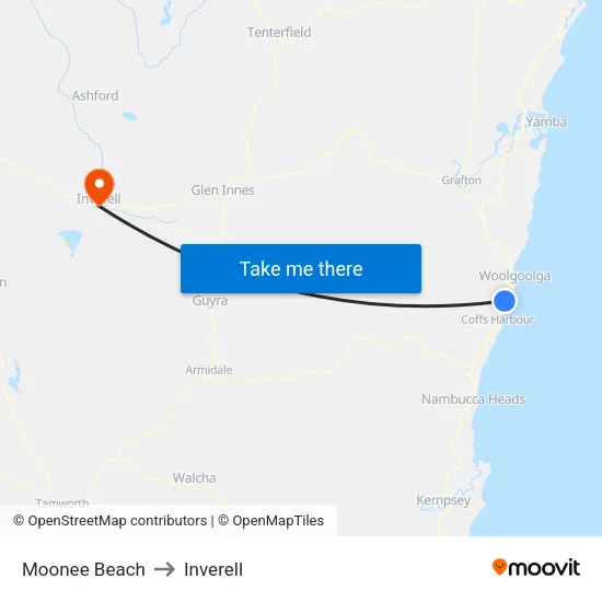 Moonee Beach to Inverell map