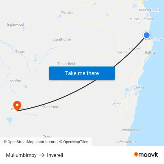 Mullumbimby to Inverell map