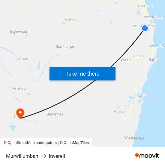 Murwillumbah to Inverell map