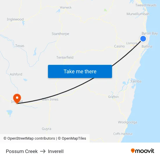 Possum Creek to Inverell map