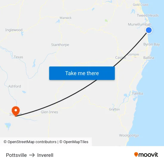 Pottsville to Inverell map
