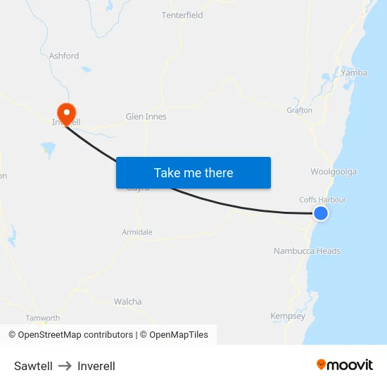 Sawtell to Inverell map