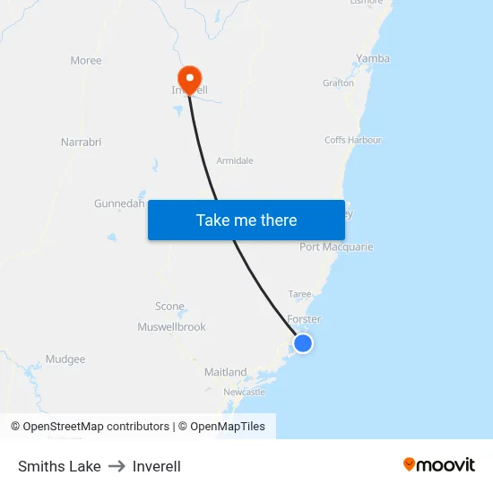 Smiths Lake to Inverell map
