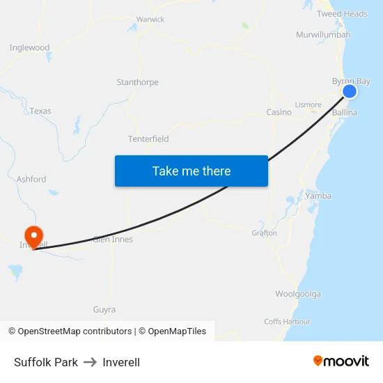 Suffolk Park to Inverell map