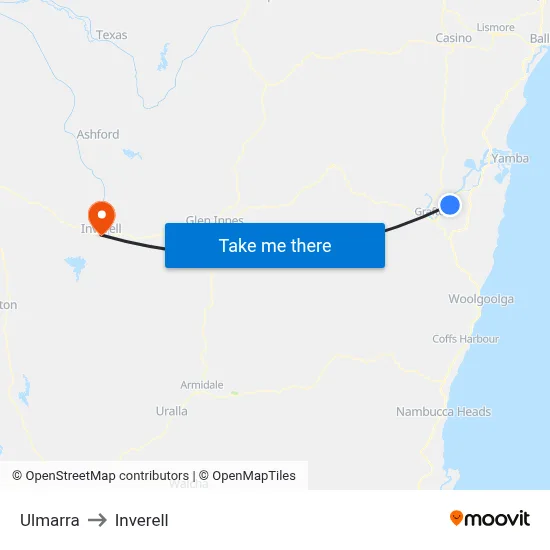 Ulmarra to Inverell map