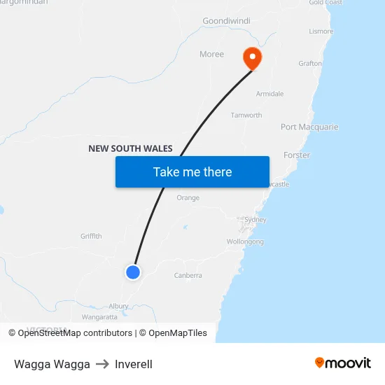 Wagga Wagga to Inverell map
