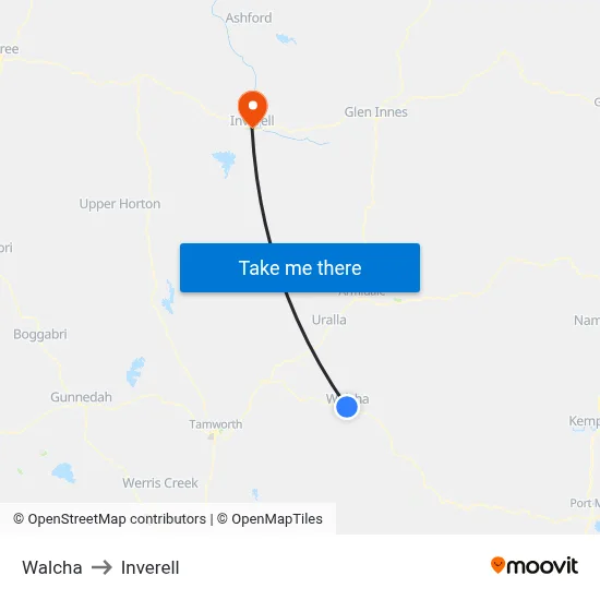 Walcha to Inverell map