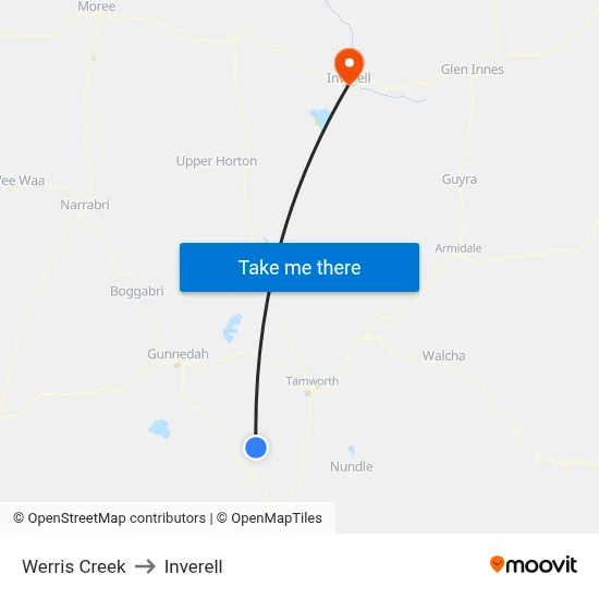 Werris Creek to Inverell map